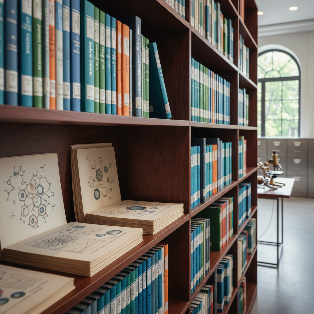 Eine Sammlung von Büchern und Forschungspapieren über Biologie und Chemie