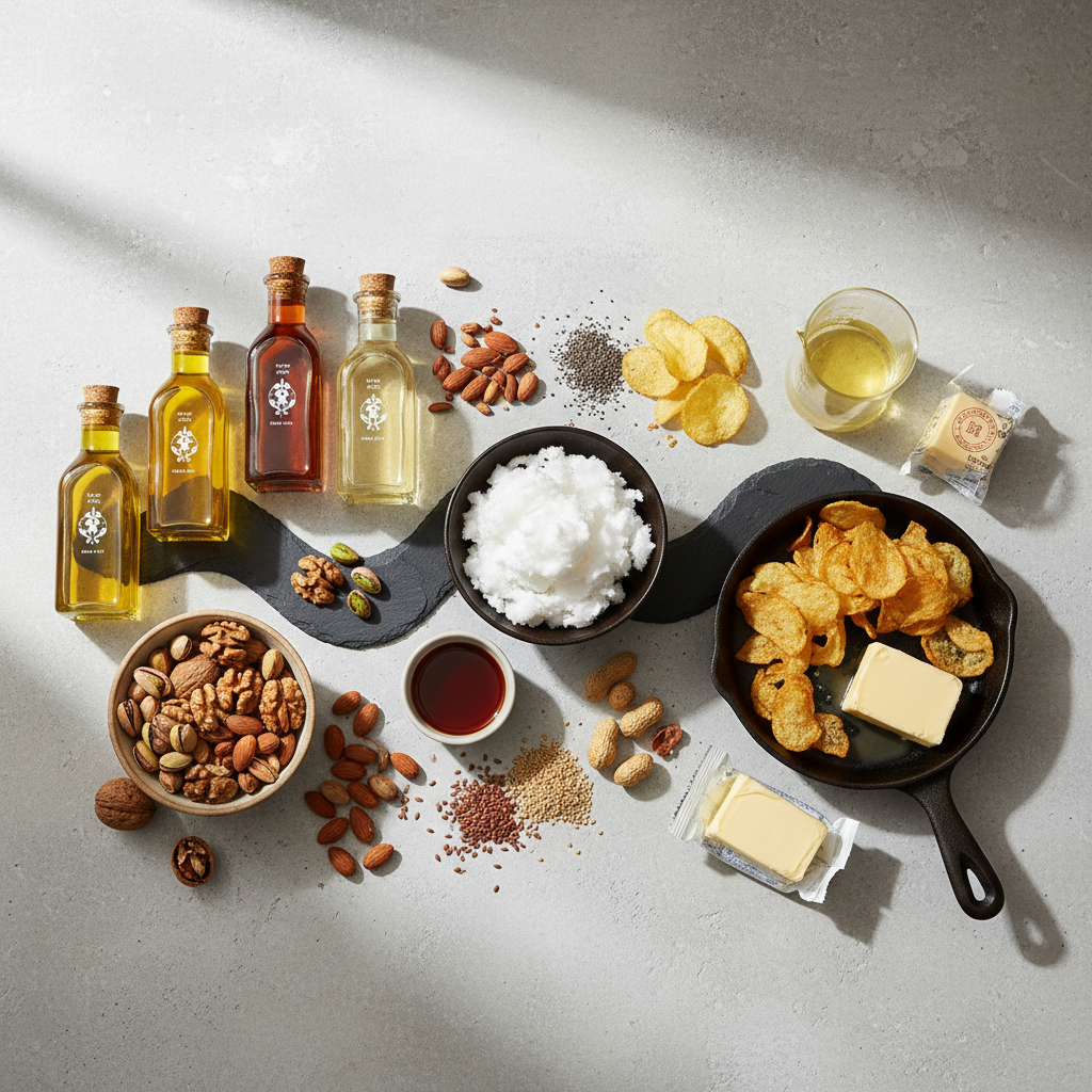Verschiedene Öle und Nüsse in einer klaren, ästhetischen Komposition