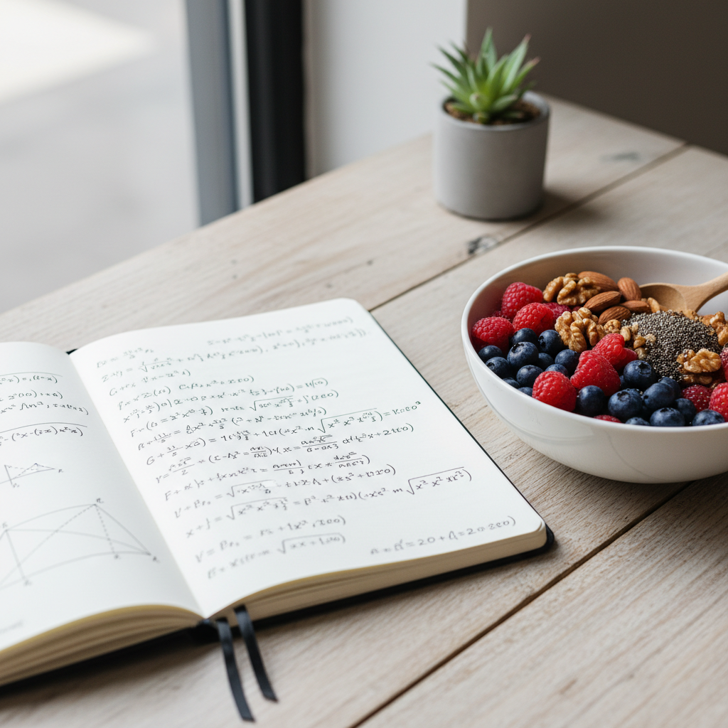 Ein Notizbuch mit mathematischen Formeln neben einer Schale mit natürlichen Lebensmitteln