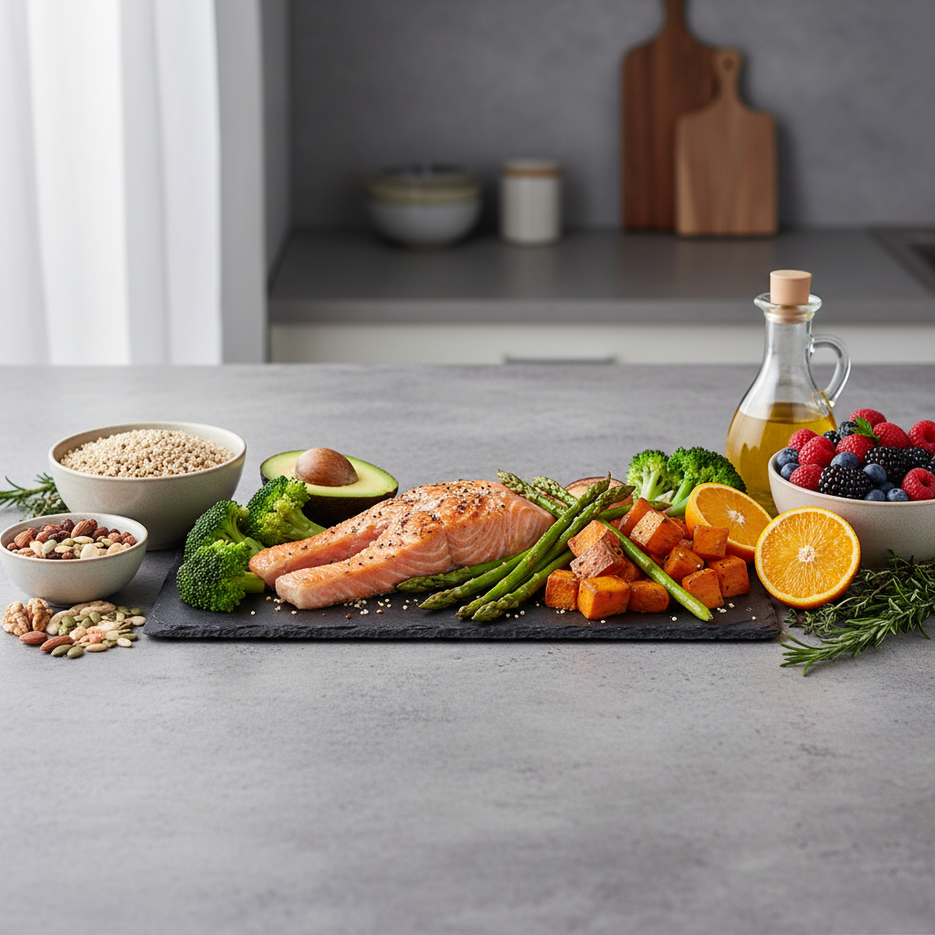 Eine ausgeglichene Komposition verschiedener Lebensmittelgruppen auf einem Steintisch